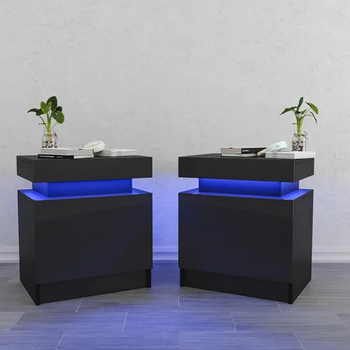 Miniatura 16 de HOMMPA Mesita de noche LED, mesita de noche blanca con luces LED, moderna mesita de noche con 2 cajones de alto brillo, mesita de noche inteligente