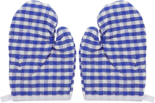 2 guantes de horno para cocina de juego, guantes de horno de microondas, guantes de cocina para hornear, a cuadros rojos para una parte trasera Azul