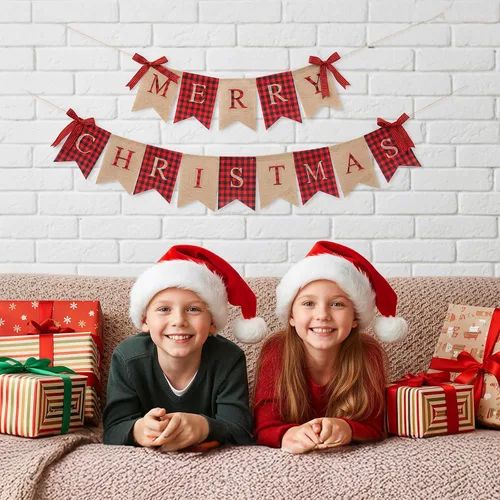 Miniatura 4 de Tatuo Merry Christmas Banner Xmas Burlap Bunting Garland Christmas Decorations for Fireplace Chimney Wall Tree Party Indoor Outdoor Party Office