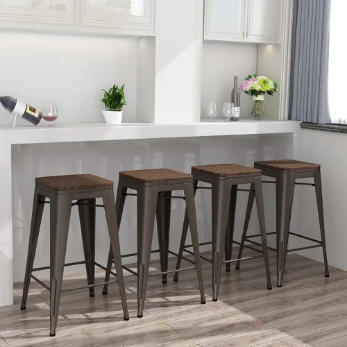 Miniatura 11 de Juego de 4 taburetes de bar de metal sin espalda de 24 pulgadas, apilables, industriales, para taburetes de isla de cocina, con asiento de madera
