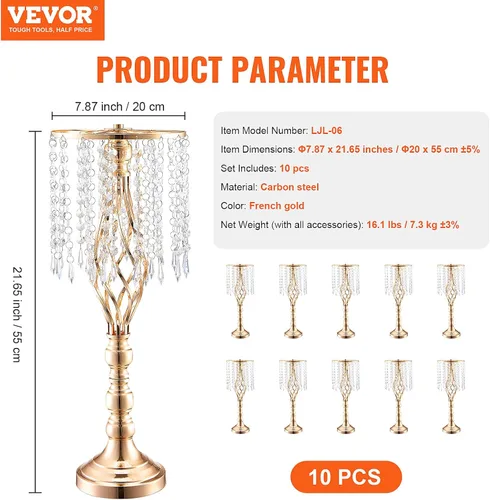 Miniatura 7 de VEVOR Centro de Mesa de Boda de Metal Dorado, Candelabro, 20 Piezas 58cm/22.83