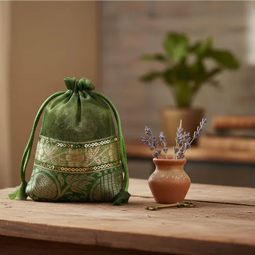 Miniatura 7 de Touchstone Preciosas bolsas de regalo reutilizables, respetuosas con el medio ambiente, con cordón grande con patrón de elefante brocado