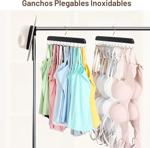 Miniatura 3 de Paquete de 2 perchas para brasieres, capacidad plegable con 40 ganchos, perchas de sujetador para organizador de armario, perchas de madera de Negro