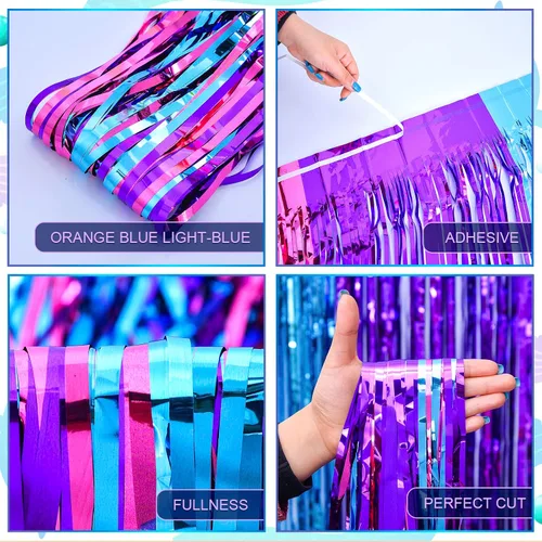 Miniatura 2 de LOLStar Decoraciones de cumpleaños de Sirenita, paquete de 2 cortinas de flecos de papel de aluminio de oropel azul púrpura fucsia de 3.3 x 6.6