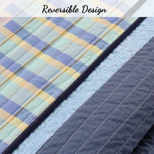 Miniatura 4 de Cozy Line Home Fashions Juego de ropa de cama acolchada reversible para niño de 100% algodón a rayas azul marino, colcha cubrecama para todas