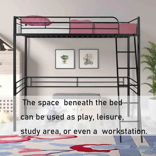 Miniatura 6 de Base de cama de metal tipo loft con escalera y barandilla de seguridad, marco de cama moderno de plataforma individual con espacio debajo de la cama