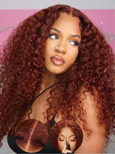Miniatura 42 de KLAIYI Bye Bye Slip™ - Pelucas de cabello humano con encaje frontal 7x5, color marrón castaño degradado, rizado, sin pegamento, precortadas de 7 x