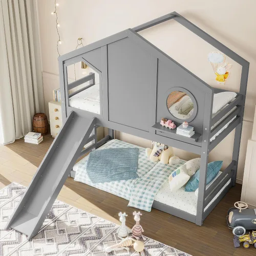 Miniatura 14 de Litera de casa individual sobre cama individual con tobogán convertible y nido, litera de madera maciza con techo y ventana para niños, verde-blanco