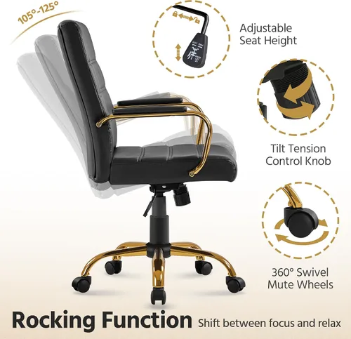 Miniatura 6 de Topeakmart Silla de escritorio de oficina Silla ejecutiva de cuero sintético ajustable con marco dorado asiento negro Negro y dorado