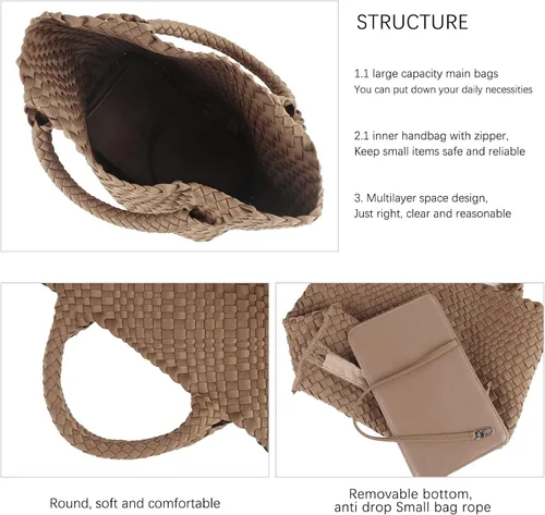 Miniatura 6 de LMKIDS Bolso de mano tejido + bolso de neopreno para mujer, bolso grande de viaje con asa superior, bolsa de viaje para axilas
