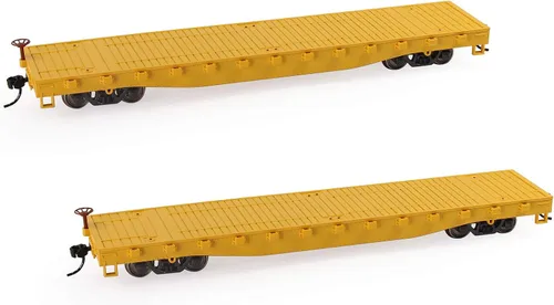 Evemodel C8741 2pcs HO Scale 1:87 52' Transportador plano de coche plano 52 pies Modelo Tren Contenedor de transporte de carga Coche (amarillo)