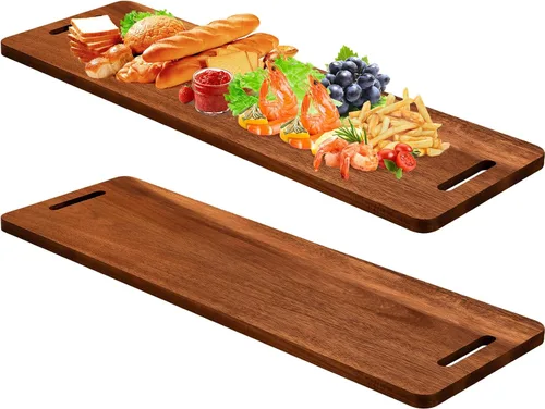 Miniatura 7 de Bokon 2 tablas de madera de acacia para charcutería con asa, bandeja de madera rectangular con mango hueco, bandeja de madera para servir queso