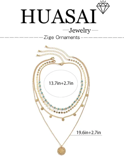 Miniatura 7 de Collar de oro para mujer, juego de collares de moda en capas, collar bohemio con cuentas de turquesa, collar largo con dije de moneda, collar