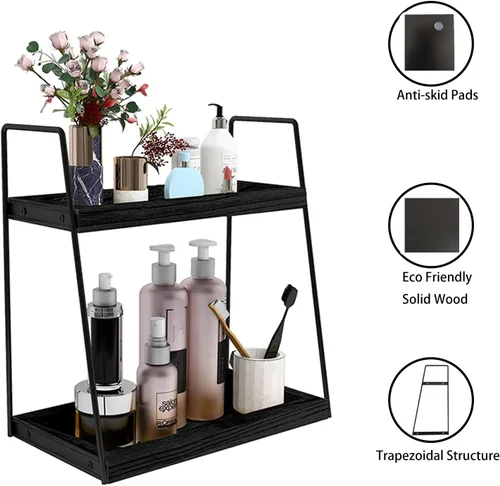 Miniatura 6 de Dorhors Organizador de encimera de baño de 2 niveles, organizador de tocador para encimera de baño, estante de madera para cocina (negro)
