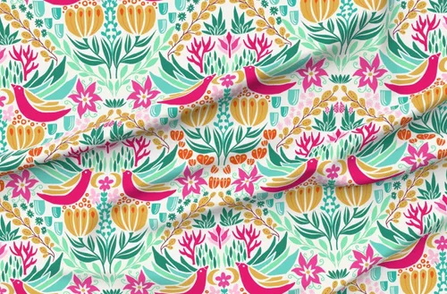 Miniatura 4 de Spoonflower Tela - Pájaros coloridos rosa verde bohemio botánico floral impreso en tela de gasa Fat Quarter - Ropa de moda de costura Vestidos