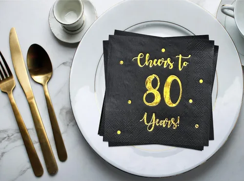 Miniatura 8 de Servilletas de cóctel de Cheers to 80 años, decoraciones de feliz cumpleaños n.° 80 para hombres y mujeres, decoraciones de fiesta de aniversario