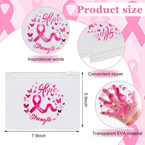 Miniatura 2 de 60 bolsas de maquillaje para concientización sobre el cáncer de mama, bolsas de cosméticos de cinta rosa, regalos para mujeres y niñas, bolsa