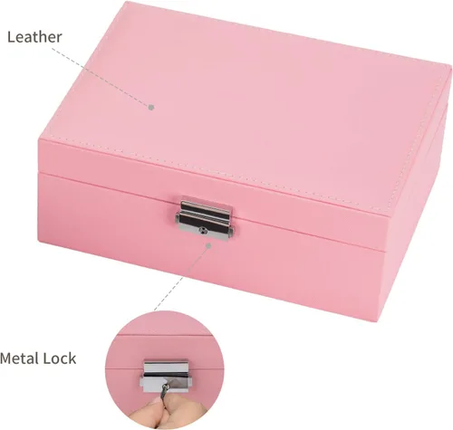 Miniatura 5 de Smileshe Joyero para mujeres y niñas, organizador de piel sintética con cerradura, 2 capas extraíbles de almacenamiento de viaje para anillos