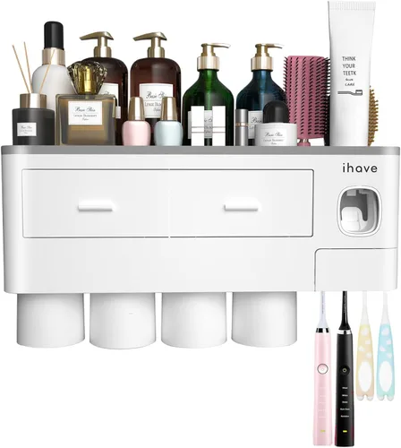 Miniatura 6 de iHave Portacepillos de dientes para baños, 4 tazas de soporte para cepillos de dientes montado en la pared con dispensador de pasta de dientes