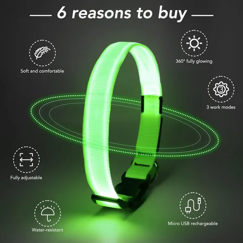 Miniatura 2 de Collar de perro KOSKILL LED - Ajustable, recargable, impermeable, brilla en la oscuridad para perros medianos y grandes Verde