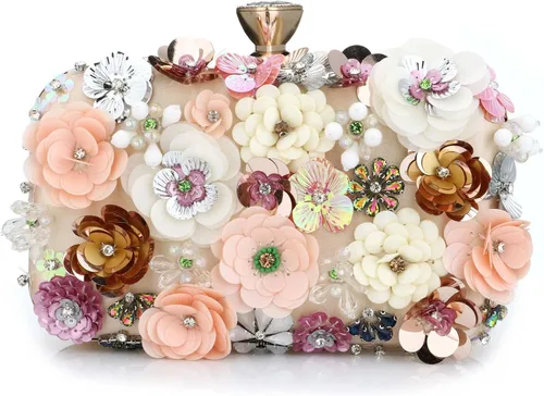 Bolso de mano de noche floral para mujer con diamantes de imitación de metal con flores para mujer, boda, graduación, fiesta, lentejuelas 3D, bolso