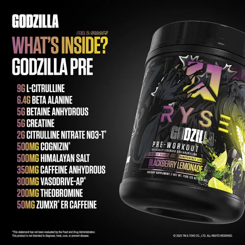 Miniatura 4 de RYSE Godzilla X Noel Deyzel - Polvo de preentrenamiento – BlackBerry Lemonade – 400 mg de cafeína, preentrenamiento de alto estímulo para hombres