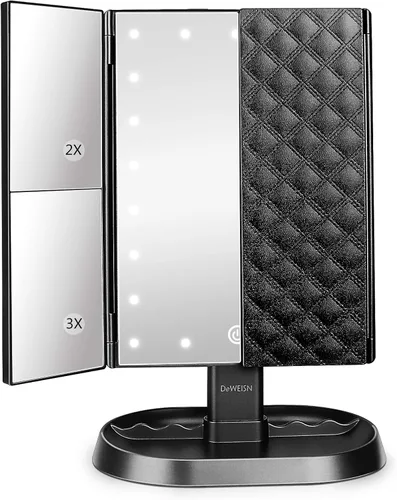 deweisn Espejo de maquillaje con iluminación triple con 21 luces LED, aumento 1x/2x/3x y atenuación de pantalla táctil, dos fuentes de alimentación,