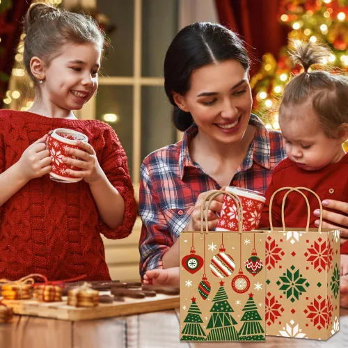 Miniatura 7 de Vellibring 24 piezas de bolsas de regalo de Navidad Kraft, bolsas de papel de Navidad con asa, bolsas de papel de Navidad con estampados navideños