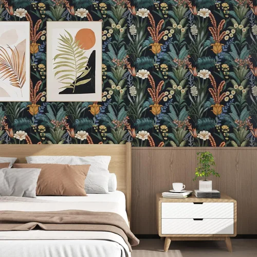 Miniatura 4 de Papel tapiz floral para despegar y pegar, papel de contacto bohemio naranja/verde, flores botánicas vintage, papel mural oscuro, autoadhesivo, Boho