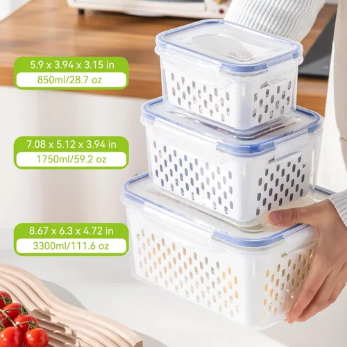 Miniatura 3 de Paquete de 3 recipientes de almacenamiento de frutas para refrigerador, recipientes herméticos de almacenamiento de alimentos con colador extraíble