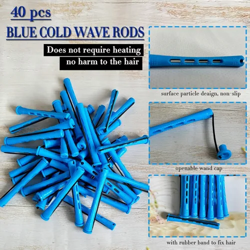 Miniatura 4 de 40 piezas de varillas para permanente para cabello natural, varillas de plástico azul para ondas frías, rodillos para rizar el cabello con peine