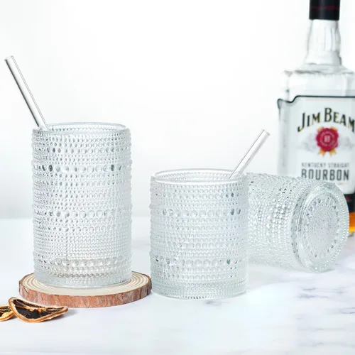 Miniatura 5 de Vasos de beber con asas Hobnail con pajitas, juego de 8 vasos vintage de 15 oz y 12 oz, juego de vasos con relieve para beber, vasos de vidrio