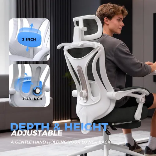Miniatura 3 de Silla de oficina ergonómica con reposapiés, soporte lumbar ajustable y reposacabezas, silla de computadora reclinable de malla de 90-160°, oficina