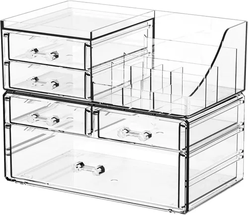 Miniatura 8 de SUOXING Organizador de Maquillaje Acrílico Transparente para Tocador, Baño, Cómoda, Organizadores de Maquillaje de 4 Cajones para Mostrador