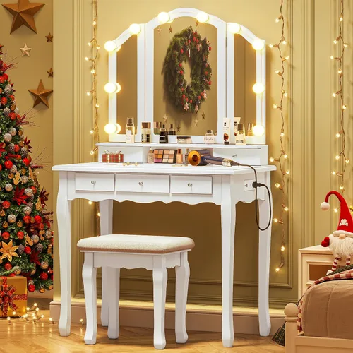 Tiptiper Tocador de maquillaje blanco con luces y estación de carga, escritorio con espejo y 3 colores de efectos de iluminación, mesa de tocador
