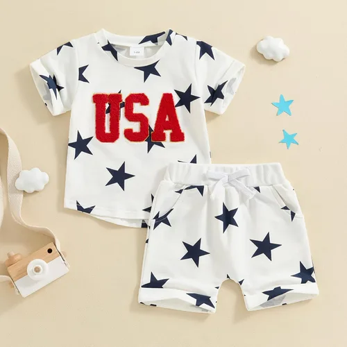 Miniatura 2 de Conjunto de camisa y pantalones cortos de estrellas para el 4 de julio para bebé niño y niña