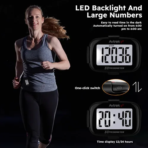 Miniatura 6 de AVTREK Contador de pasos 3D con clip con retroiluminación LED, podómetro de bolsillo para caminar actividades al aire libre, rastreador de fitness