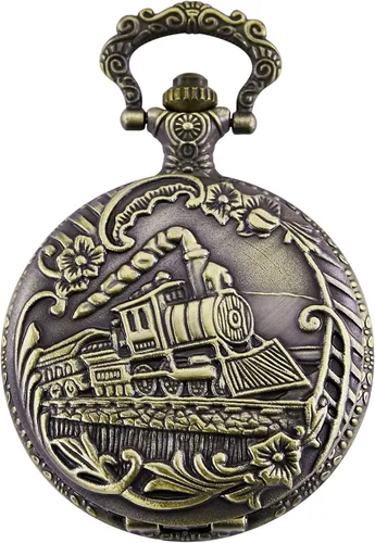 Miniatura 3 de Reloj de bolsillo con tren de vapor de cuarzo para hombres y mujeres con cadena, bronce, Bronce 1, Retro