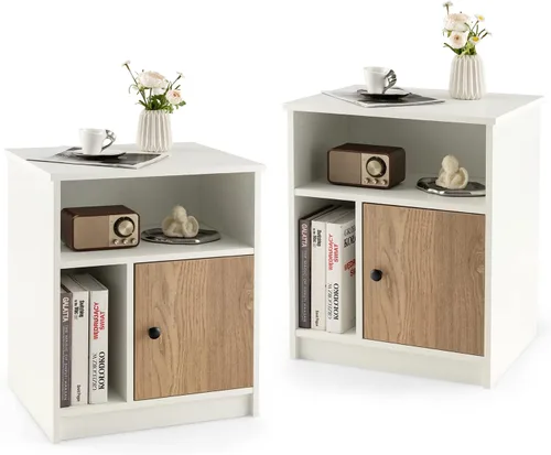 Giantex Juego de 2 mesitas de noche blancas, mesa auxiliar de 25 pulgadas de alto con 1 puerta y 2 estantes abiertos, mesita de noche de madera con