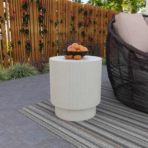 Miniatura 2 de LeisureMod Mesa Lateral Moderna Redonda con Superficie de Fibra de Piedra, Mesa de Acento/Auxiliar para el Hogar, Patio Exterior, Sala de Marrón