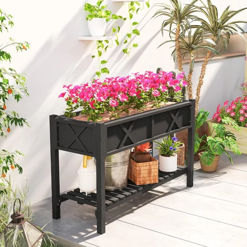 Miniatura 8 de Outsunny - Jardinera elevada de madera con estante de almacenamiento, orificios de drenaje y forro para el patio trasero, la terraza, el balcón, 47