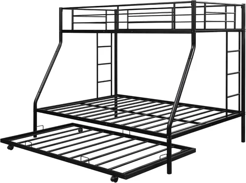 Miniatura 6 de KLMM Literas de metal de tamaño individual sobre matrimonial con 2 escaleras y cama nido para niños, adolescentes y adultos, (negro)
