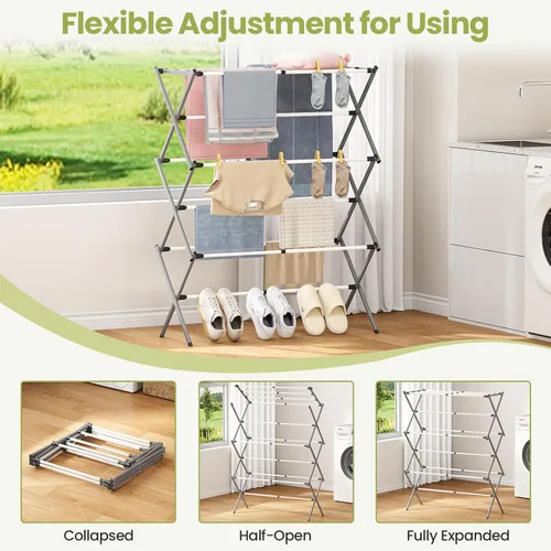 Miniatura 5 de APEXCHASER 3-Tier Foldable Clothes Drying Rack, Metal Expandable Laundry Rack, 45.28" Height, Adjustable Width 24.76-35.51", Space Saving, Indoor
