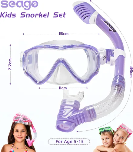 Miniatura 7 de Seago Juego de esnórquel para niños, máscara de esnórquel para niños, niñas, jóvenes, sin fugas, antivaho, visión clara, kit de buceo y natación