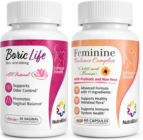 NutraBlast Supositorios vaginales de ácido bórico de 600 mg (30 unidades) con complejo de equilibrio femenino (60 cápsulas) | Desintoxicación y