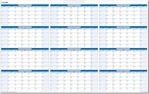 Calendario de pared horizontal de 12 meses de borrado en seco azul de 24 pulgadas de alto x 36 pulgadas de ancho. Incluye marcador y borrador. Sin