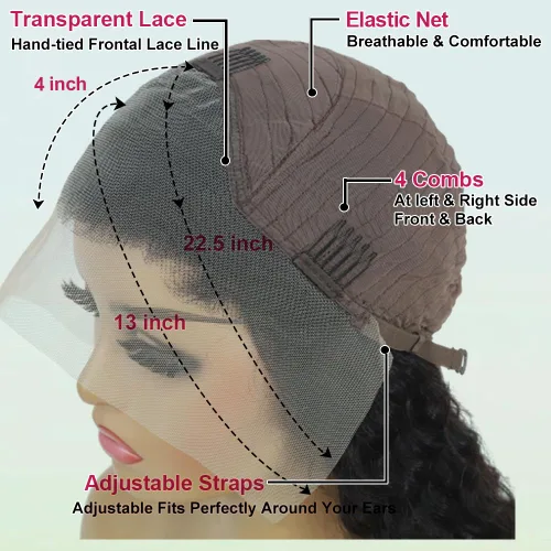 Miniatura 19 de Pelucas con malla frontal de onda profunda 13x4, cabello humano pre-sacado, 180% de densidad, 9A, sin pegamento, pelucas de cabello humano mojadas