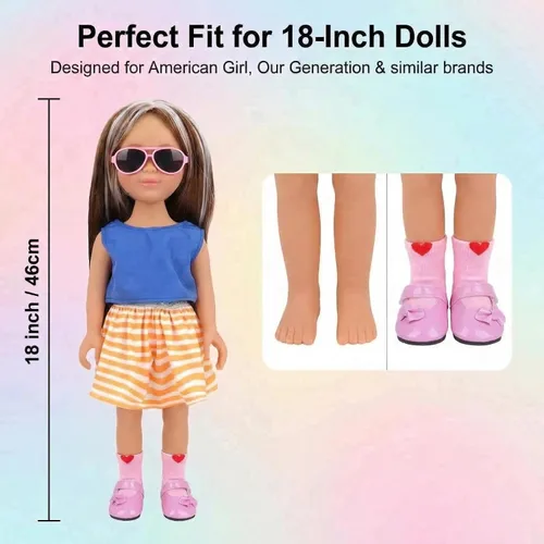 Miniatura 7 de MSYO Juego de 8 zapatos y accesorios de muñeca de 18 pulgadas, 3 pares de calzado de muñeca de moda, 3 pares de calcetines de corazón + 2 pares