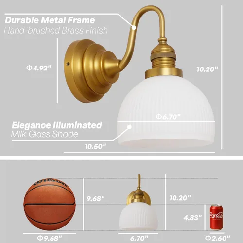 Miniatura 8 de Apliques de Pared Dorados, Luz de Tocador de Baño Cableada con Cuenco Rayado de Vidrio Esmerilado, Lámpara de Pared Montada de Latón Vintage