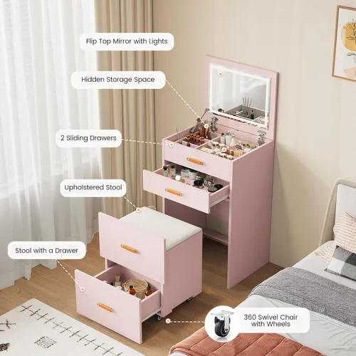 Miniatura 7 de Pequeño escritorio de maquillaje con espejo y luces, juego de tocador compacto 3 en 1, mesita de noche, tocador con silla enrollable ajustable